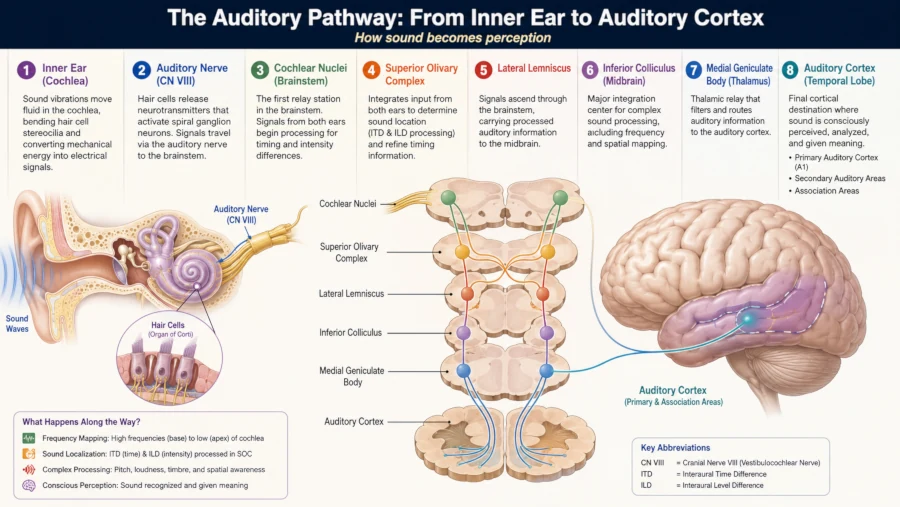 Diagram tracing the signal path from inner ear hair cells through the auditory nerve to the auditory cortex
