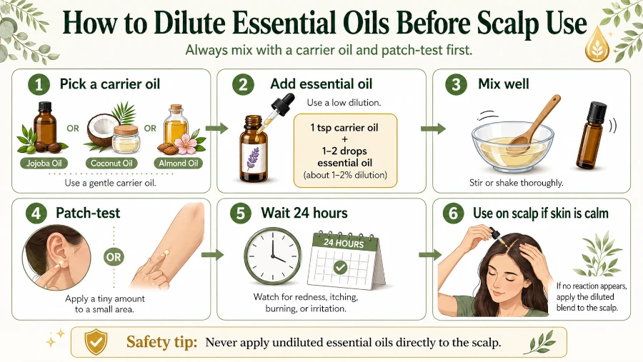 Step diagram showing how to dilute essential oils in a carrier oil and patch-test before scalp use.