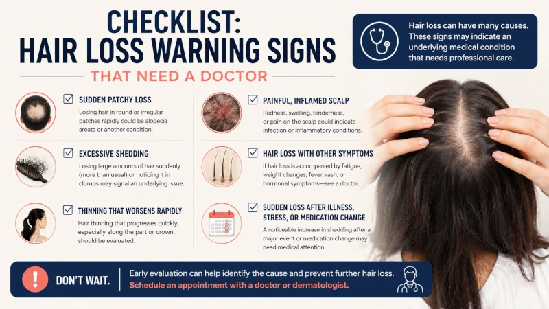 Checklist of hair loss warning signs that need a doctor, including sudden patchy loss and a painful inflamed scalp.