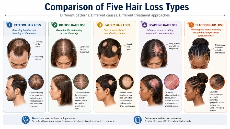 Comparison of five hair loss types showing pattern, diffuse, patchy, scarring, and traction loss.