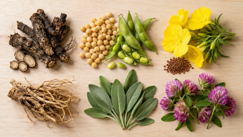 Black cohosh, sage, red clover, valerian and evening primrose arranged on a table