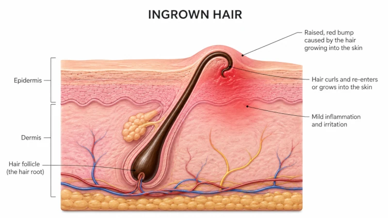 Cross-section diagram of a curled hair growing back into the skin, forming a small raised bump.