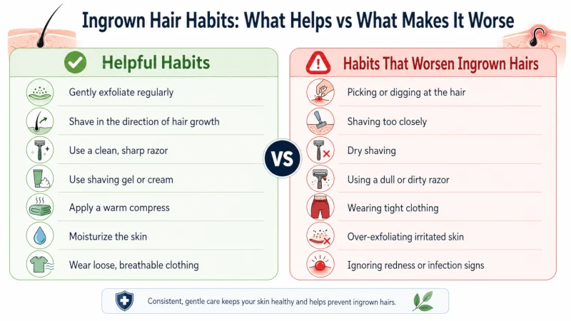 Side-by-side list of helpful habits versus habits that worsen ingrown hairs such as picking and digging.