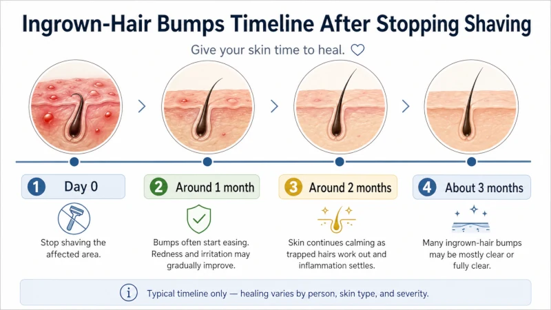 Timeline showing ingrown-hair bumps easing within one month and clearing by about three months after stopping shaving.
