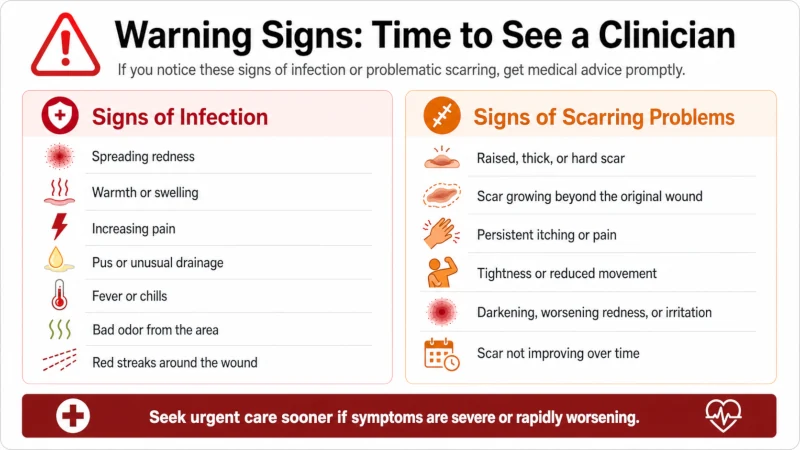 Warning card listing signs of infection and scarring that mean it is time to see a clinician.