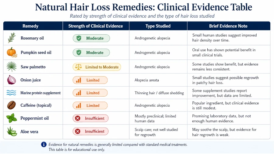 Table rating natural remedies for alopecia by strength of clinical evidence and type studied.
