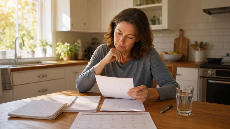 Woman reviewing a symptom diary to track night sweat patterns over time