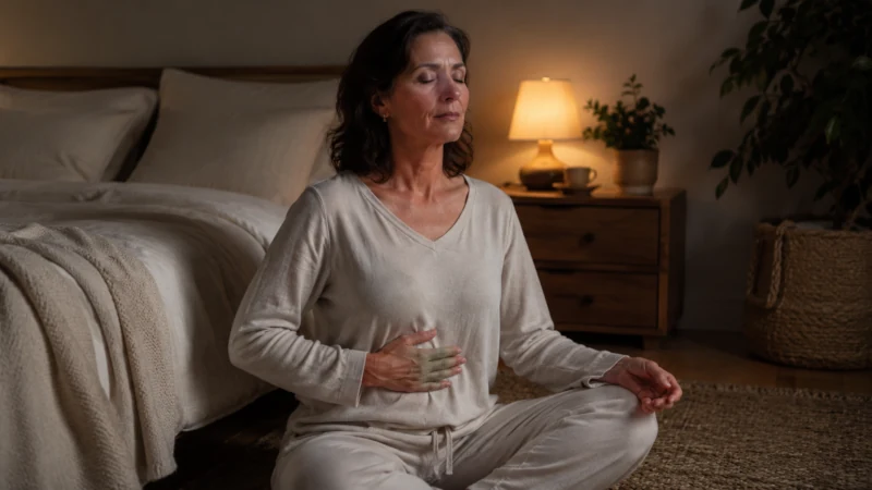 Woman practicing slow paced breathing beside her bed before sleep