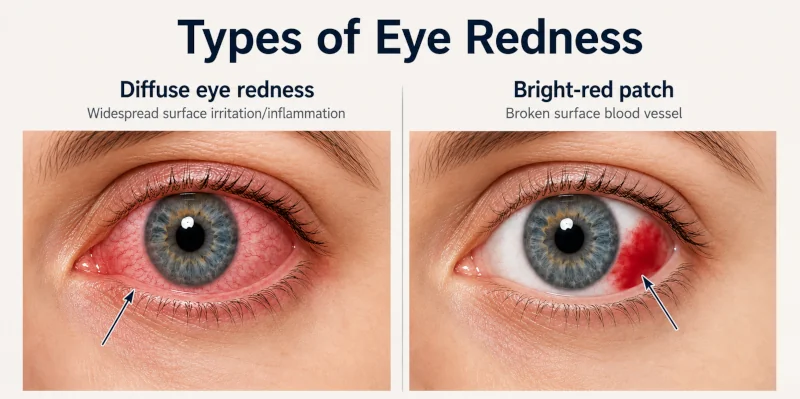 Educational comparison of diffuse eye redness and a bright-red patch from a broken surface blood vessel.
