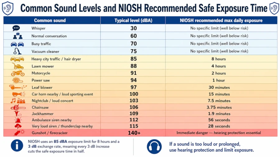 Table of common sound levels in decibels and the NIOSH recommended safe exposure time for each