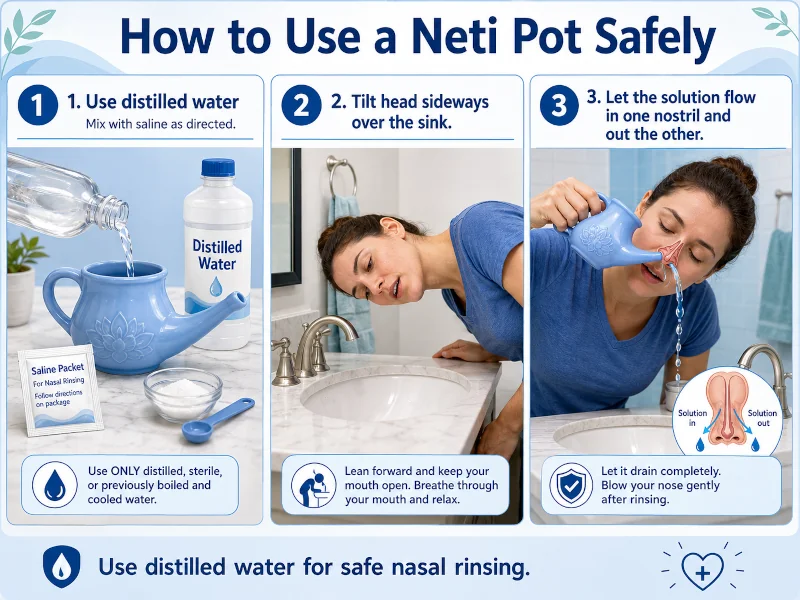 Step-by-step illustration showing one of the natural remedies for sinusitis which is safe neti pot use: distilled water, head tilted sideways over sink, solution flowing in one nostril and out the other.