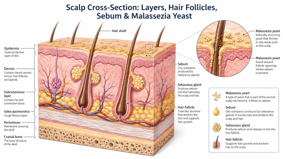 Diagram of a scalp cross-section showing sebaceous glands and Malassezia yeast.