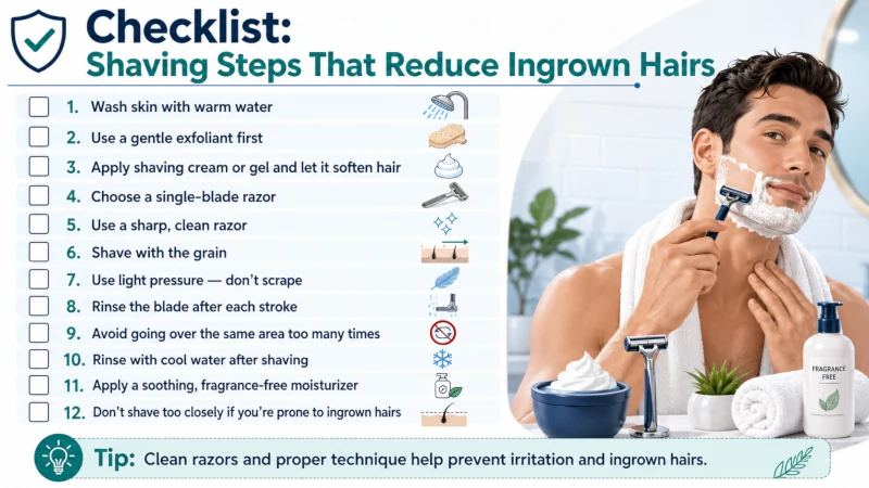 Checklist of shaving steps that reduce ingrown hairs, including single-blade razor and shaving with the grain.