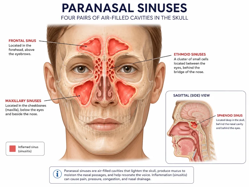 Labeled diagram of the four paranasal sinuses — frontal, ethmoid, sphenoid, maxillary — with shaded areas showing inflammation during sinusitis.