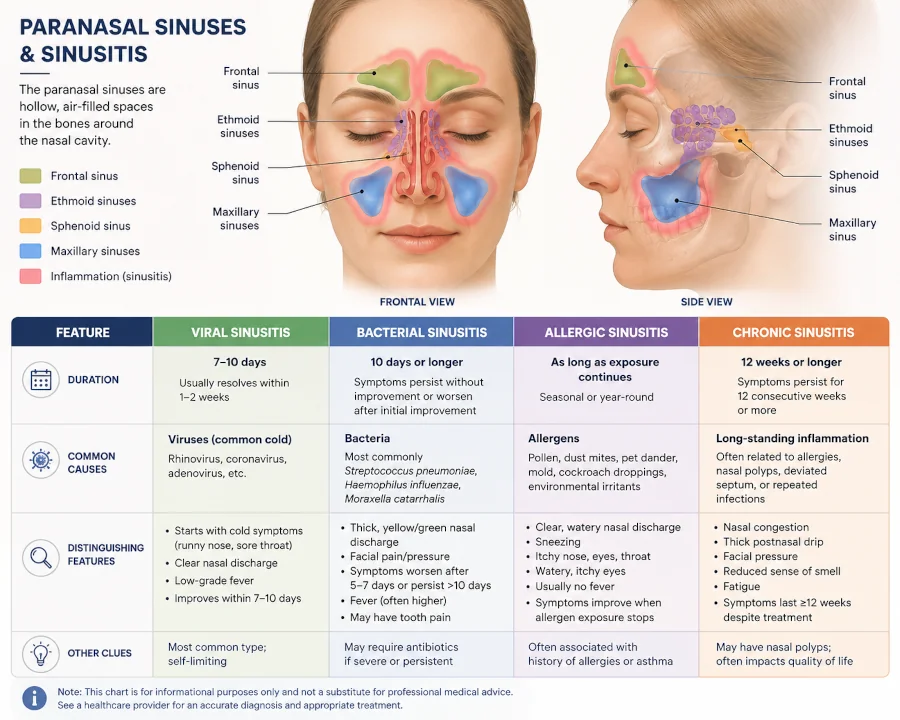 Comparison chart of viral, bacterial, allergic, and chronic sinusitis showing duration, common causes, and distinguishing features.