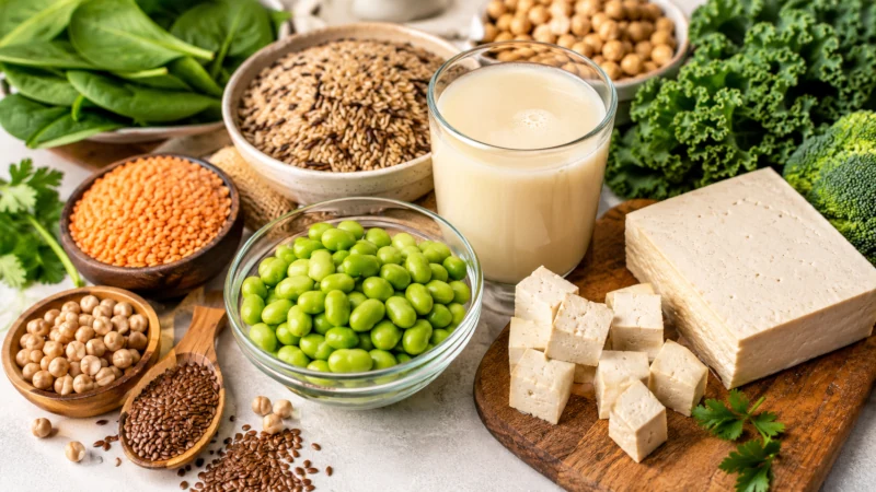Tofu, edamame, soy milk, flaxseed, chickpeas and lentils on a table