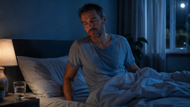 Adult waking with damp sleepwear and bedding after experiencing night sweats