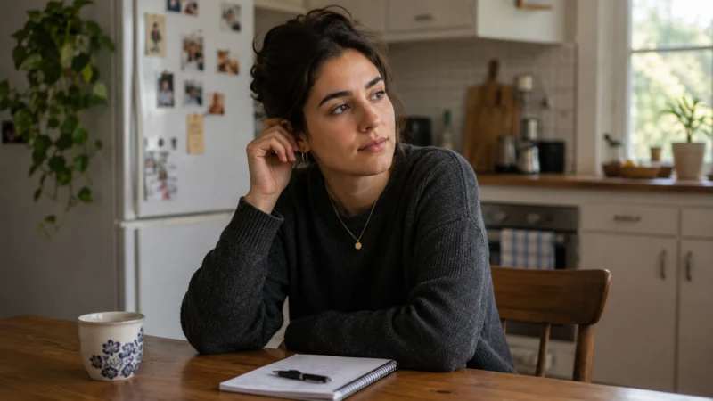 Person sitting at a kitchen table with one hand resting near the ear considering if natural tinnitus remedy is an option
