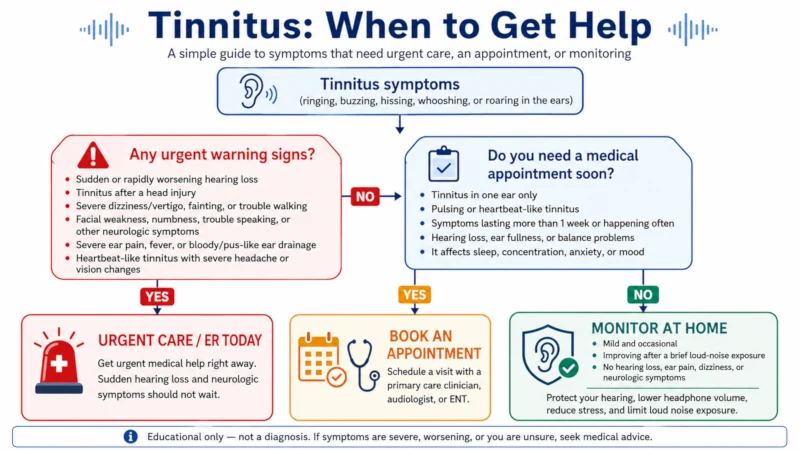 Flowchart showing which tinnitus symptoms need urgent care, which need an appointment, and which can be monitored