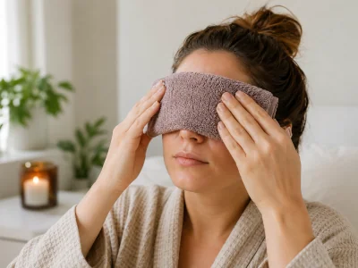 Person holding a folded warm washcloth gently over closed eyes for a dry-eye and stye home remedy.