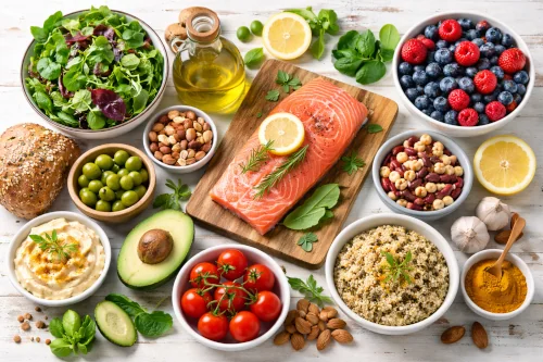 Flat lay of Mediterranean diet foods including olive oil, leafy greens, berries, salmon, legumes, and nuts.