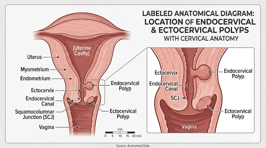Labeled anatomical diagram of the uterus and cervix showing the location of endocervical and ectocervical polyps.