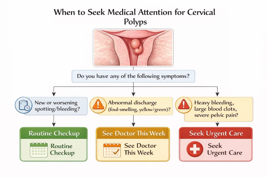 Decision tree showing which cervical polyp symptoms need routine, same-week, or urgent medical attention.