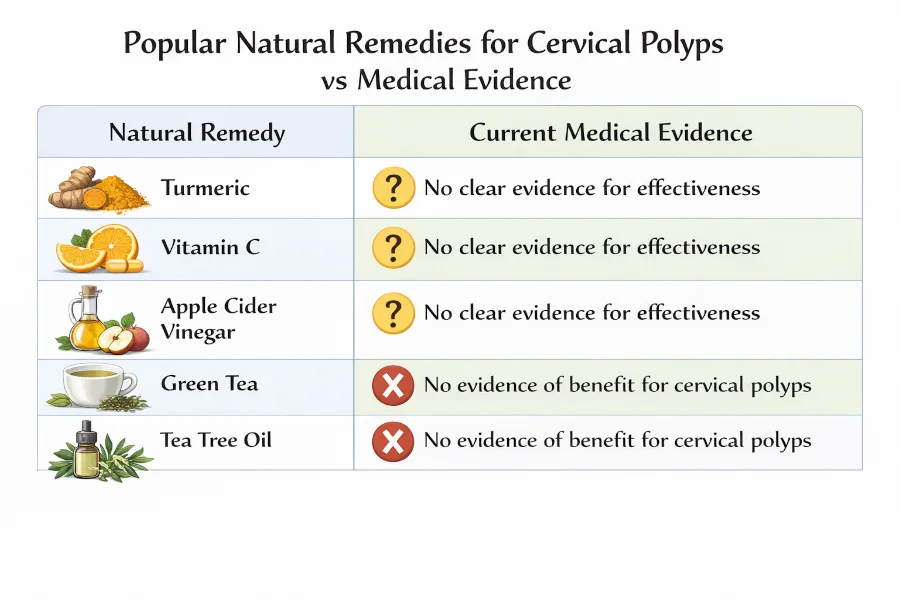 Chart comparing popular natural remedies for cervical polyps against current medical evidence.