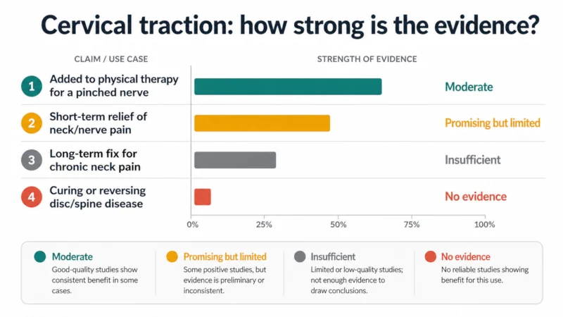 Bar chart grading the evidence for cervical traction by use, from moderate for radiculopathy add-on to none for cure claims.