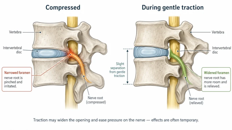 Side-by-side cross-section of neck vertebrae showing a compressed nerve root before traction and a widened opening with an eased nerve root during traction.