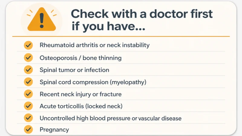 Checklist graphic listing conditions where cervical traction should be avoided without a doctor's clearance, such as osteoporosis, rheumatoid arthritis, and pregnancy.