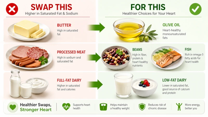 Side-by-side swaps from butter, processed meat, and full-fat dairy to olive oil, beans, fish, and low-fat dairy