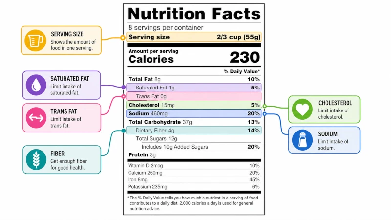 Annotated Nutrition Facts label highlighting serving size, cholesterol, saturated fat, trans fat, sodium, and fiber