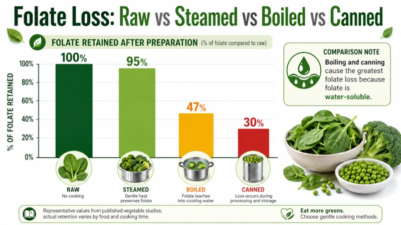Folate loss from boiling and canning compared with steaming and raw.