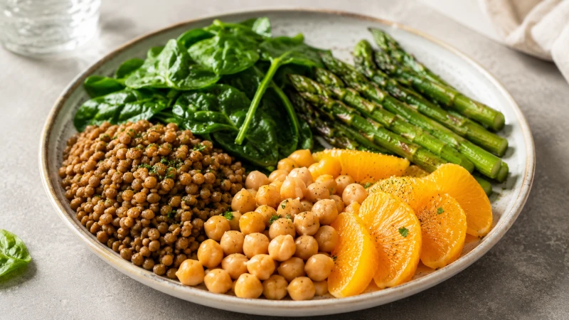 Lentils, spinach, asparagus, chickpeas, and orange arranged on a plate.