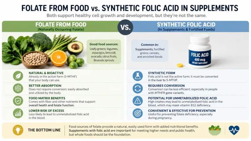 Comparison of folate from food and synthetic folic acid in supplements.