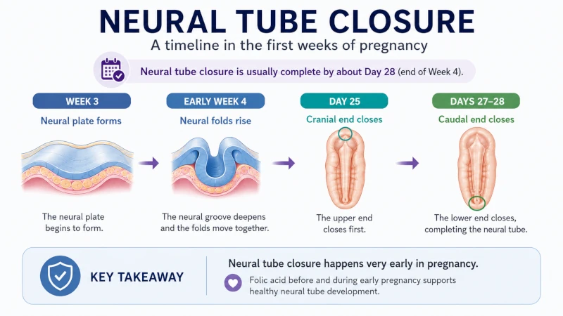 Timeline showing neural tube closing in the first weeks of pregnancy.