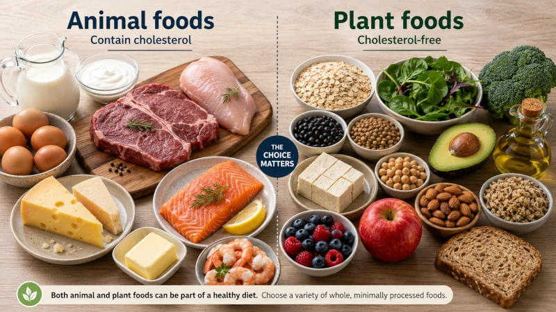 Tabletop comparison of animal foods that contain cholesterol beside plant foods that are cholesterol-free