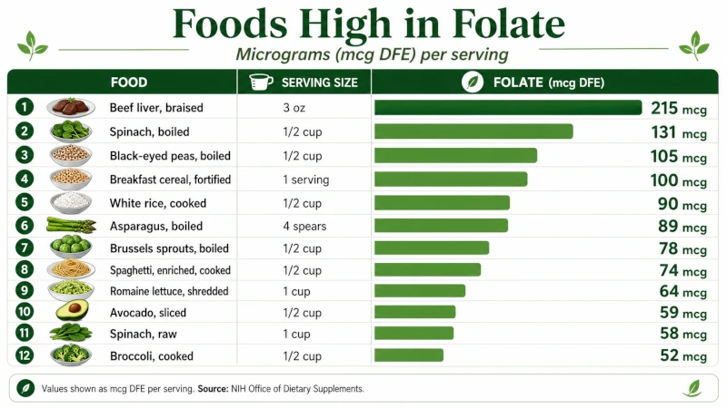 Chart of foods high in folate with micrograms per serving.