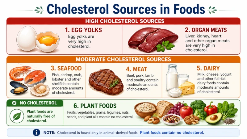 Chart grouping egg yolks, organ meats, seafood, meat, dairy, plant and other food sources of cholesterol