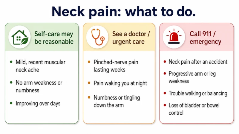 Decision guide showing neck-pain situations for self-care versus seeing a doctor versus calling 911.