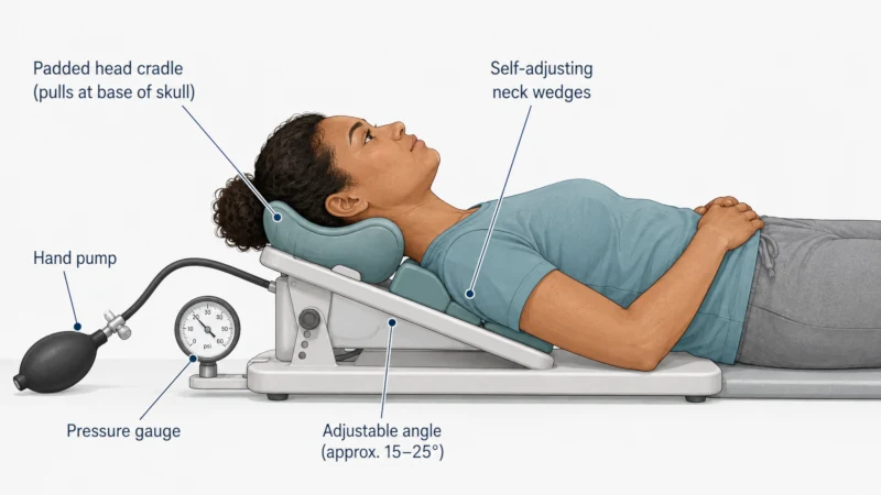 Diagram of a person lying down using a Saunders Cervical Traction Device with the head cradle, neck wedges, hand pump, and pressure gauge labeled.