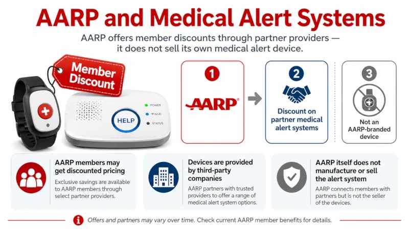 Graphic explaining that AARP medical alert systems offers a member discount on medical alert systems rather than selling its own device.