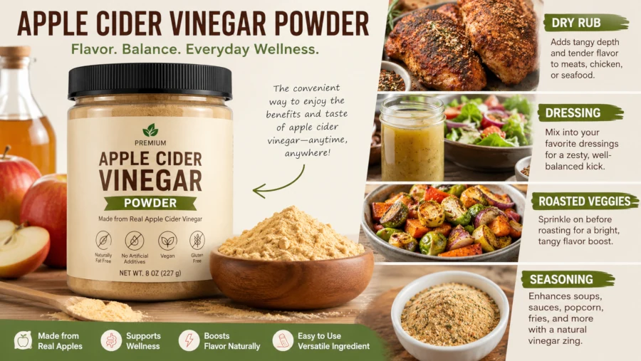 Apple cider vinegar powder used in dry rub, dressing, roasted vegetables, and seasoning