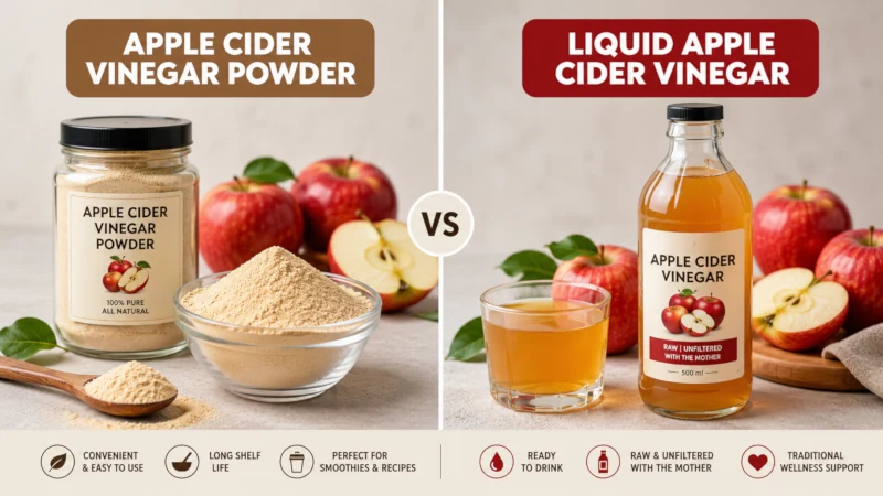 Side-by-side comparison of organic apple cider vinegar powder and liquid vinegar