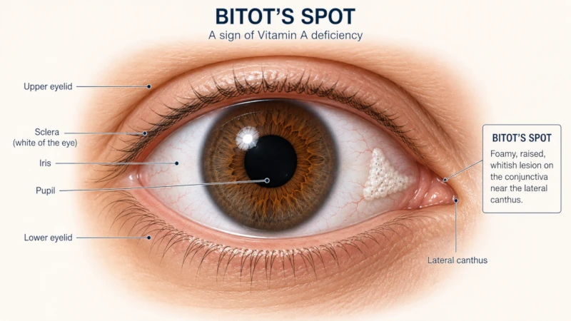Diagram of an eye showing a foamy Bitot's spot on the white of the eye, toward the outer corner.