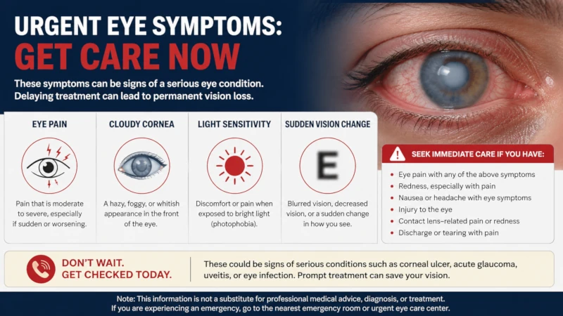 Urgent eye symptoms: eye pain, cloudy cornea, light sensitivity, sudden vision change.