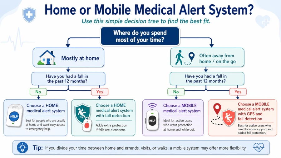 Decision tree guiding readers to a home or mobile medical alert system based on where they spend time and their fall history.