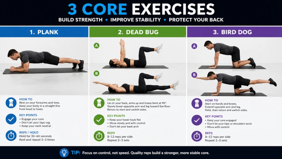 Three core exercises shown with correct form: plank, dead bug, and bird dog.