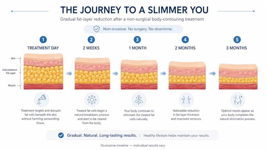 Timeline showing gradual fat-layer reduction over several weeks to months after non-surgical treatment.